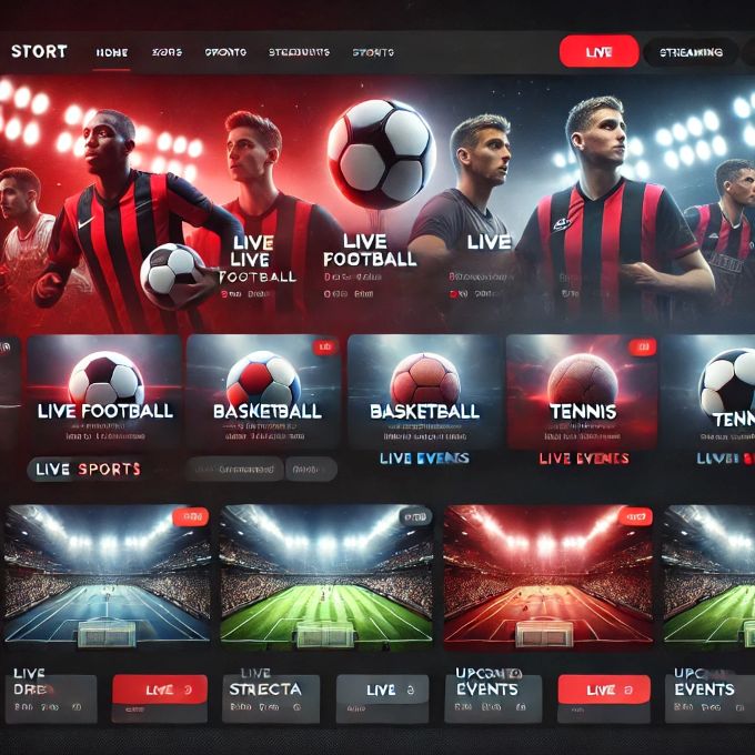 A sleek and modern sports streaming platform called 'Rojadirecta'. The design features a dark background with red highlights, displaying various sports categories such as 'Live Football,' 'Tennis,' and 'Upcoming Events.' Large thumbnails of live matches with scores and live indicators fill the interface, offering a seamless user experience.